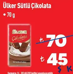 ÜLKER SÜTLÜ ÇİKOLATA 70 G
